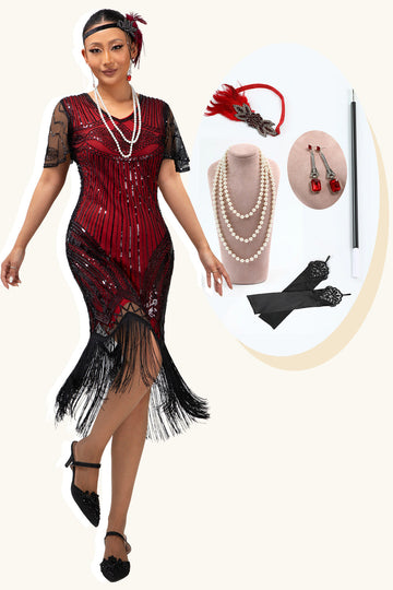 Sparkly Black Red Fringed Sequins Midi 1920s Dress with Accessories Set